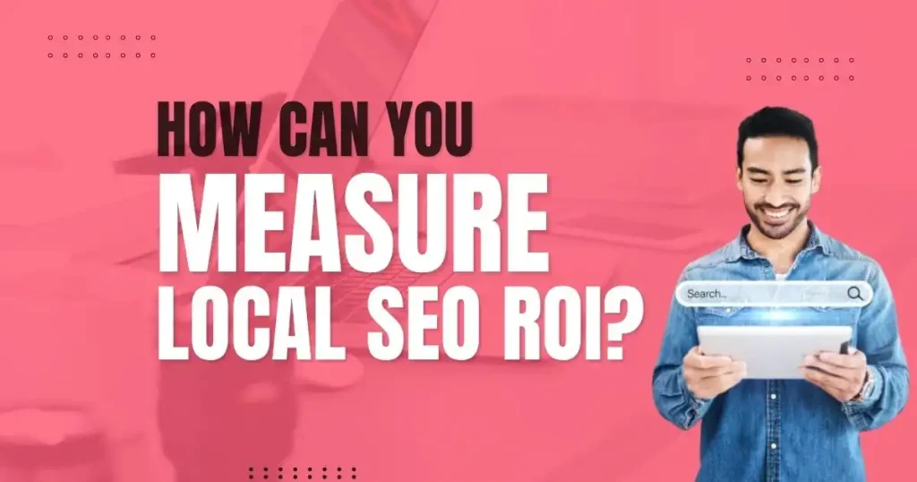 Pink blog banner design with “Tracking and Measuring Local SEO Success” text and man using tablet.
