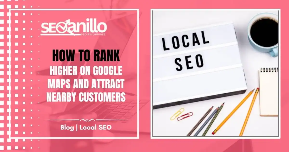 Modern pink blog banner design with “How to Rank Higher on Google Maps” and Local SEO elements.