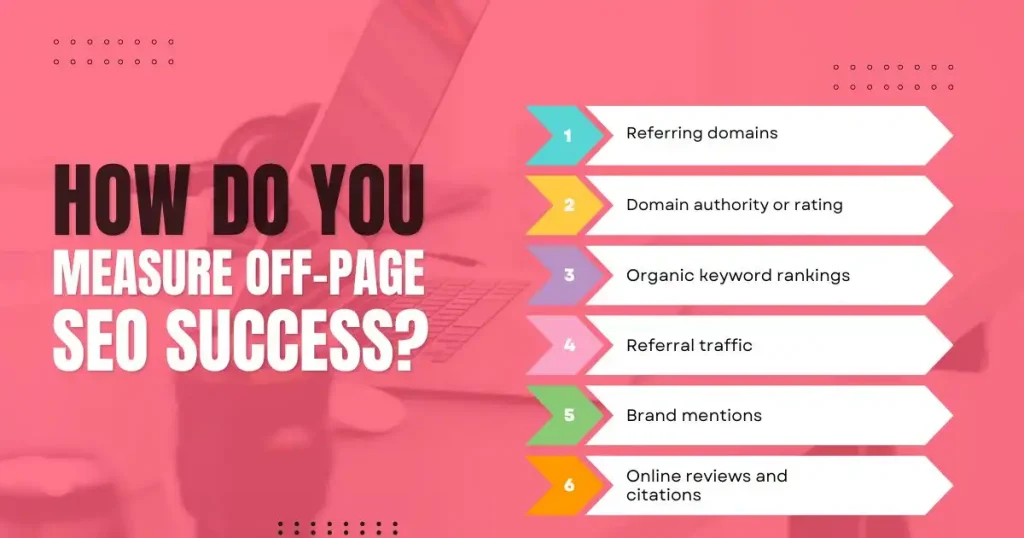 Referring domains, Domain authority or rating, Organic keyword rankings, Referral traffic, Brand mentions and Online reviews and citations