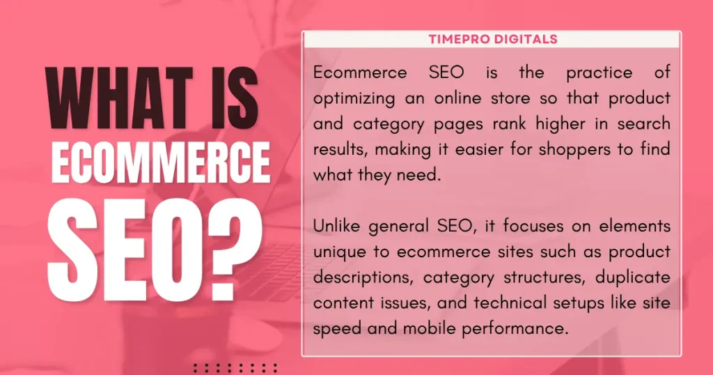 What Is Ecommerce SEO blog graphics light red with black and white letter