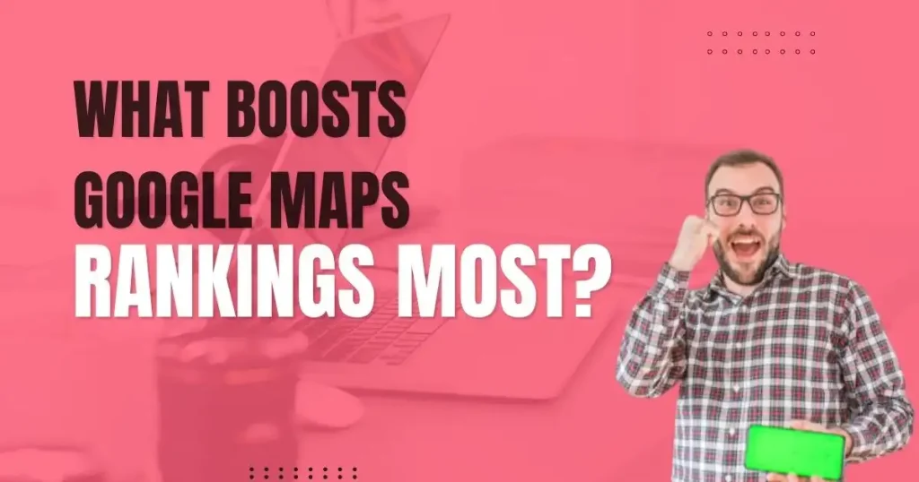 Vibrant pink blog banner design with “Key Factors for Google Maps Rankings” text and excited man.
