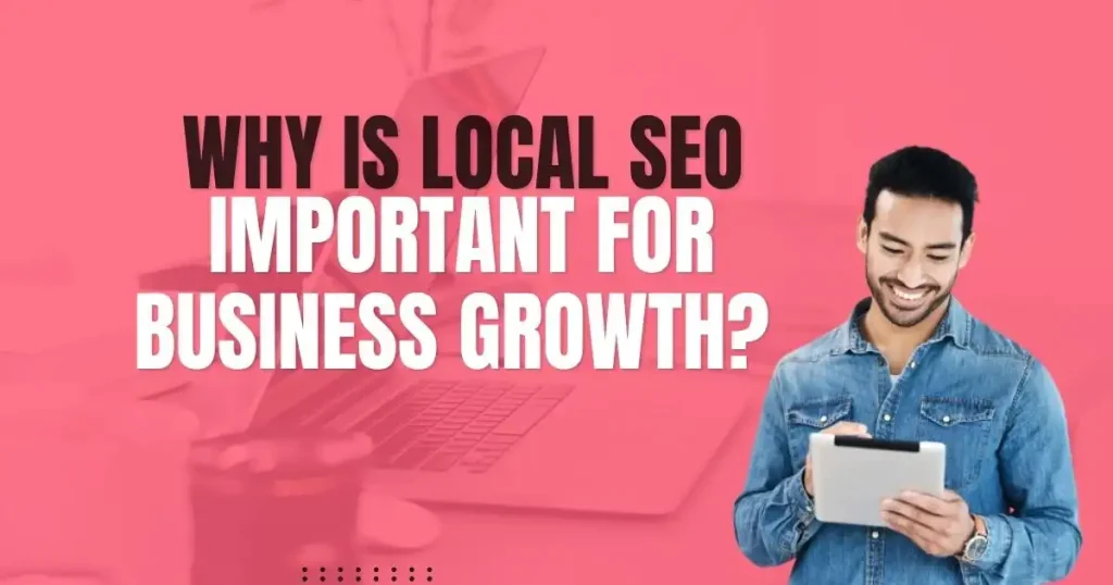 Bold pink blog banner design featuring “What Is Local SEO” text with a smiling man using a tablet.
