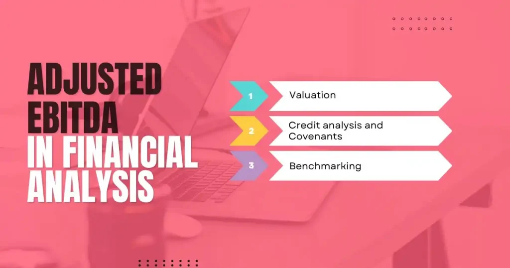 Adjusted EBITDA financial analysis infographic highlighting valuation, credit review, and benchmarking.