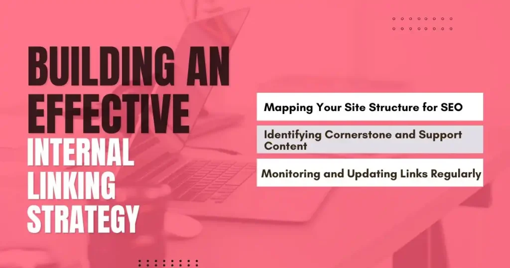 Pink infographic about building an internal linking strategy through site structure, cornerstone content, and regular link updates.