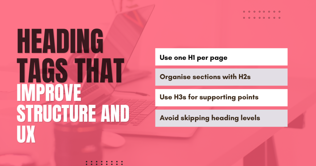 Heading tag optimization graphic showing H1, H2, and H3 structure tips for better SEO and user experience.