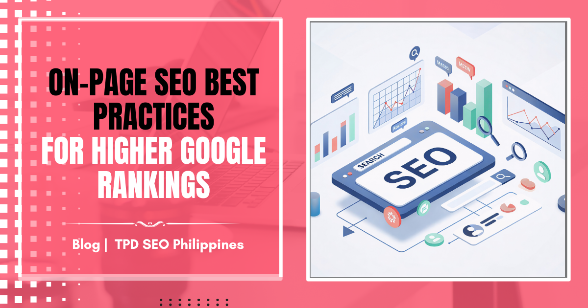 On-page SEO best practices graphic with SEO dashboard, analytics charts, and rankings interface illustration.