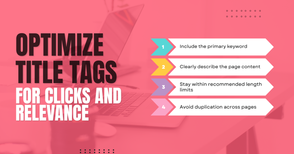 SEO title tag optimization infographic showing keyword placement, relevance, length limits, and duplication avoidance tips.