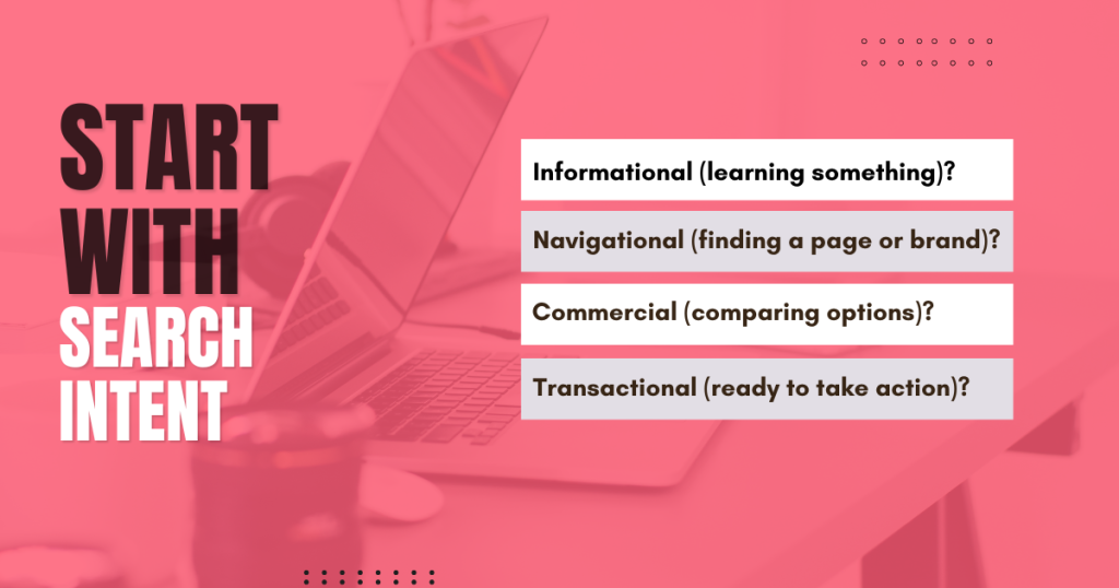 Search intent infographic showing informational, navigational, commercial, and transactional SEO query types.