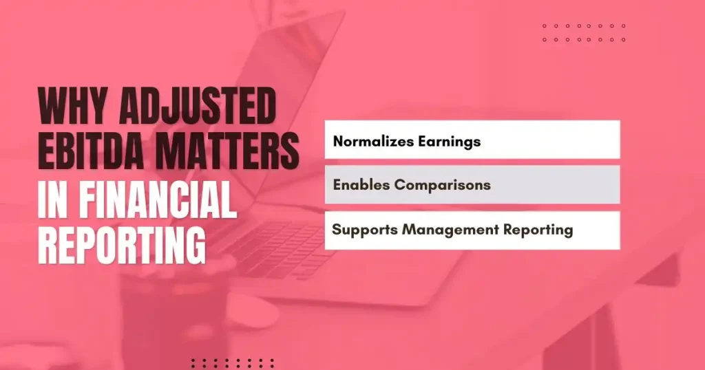 Adjusted EBITDA infographic showing earnings normalization, comparisons, and reporting.