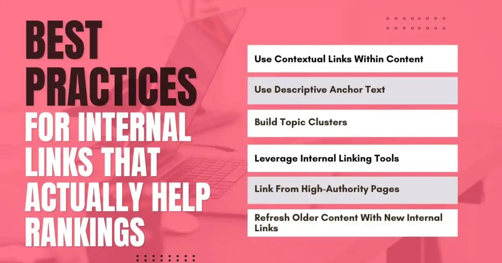 SEO infographic on internal linking best practices to improve rankings and site authority.