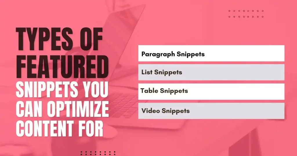 Infographic featured snippet types include paragraph, list, table, and video snippets.