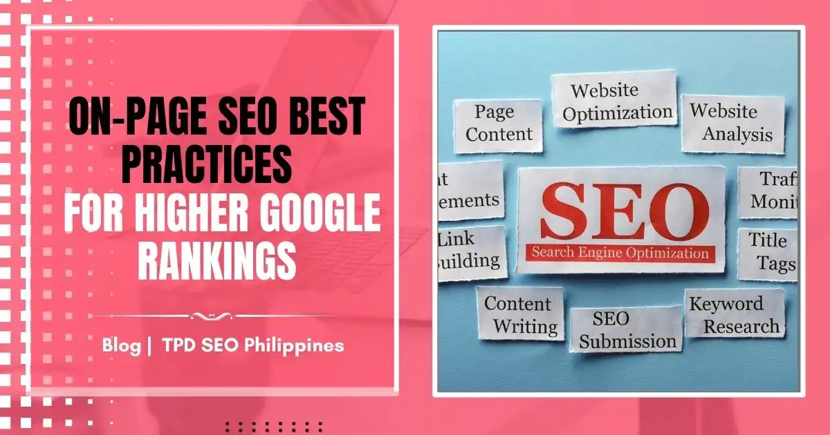 Pink blog graphic about on-page SEO best practices for higher Google rankings tips.