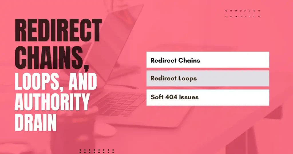 Pink SEO graphic on redirect chains, loops, soft 404 issues, and authority drain.
