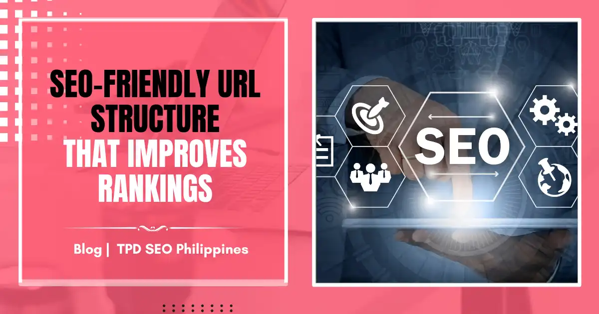 SEO-friendly URL structure graphic with ranking icons, gears and digital interface.