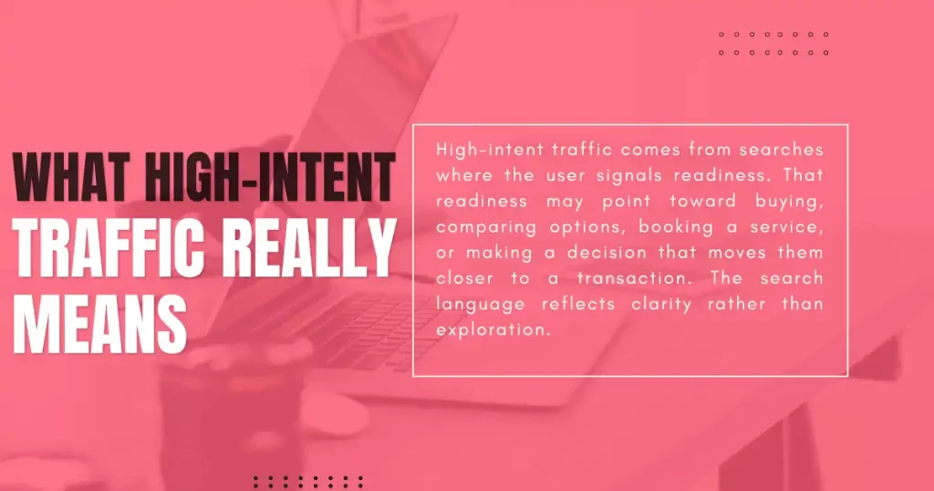 High-intent traffic explained with search readiness text over pink laptop background.