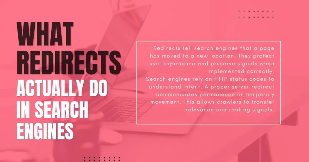 Pink blog graphic explaining what redirects do in search engines with SEO text box.
